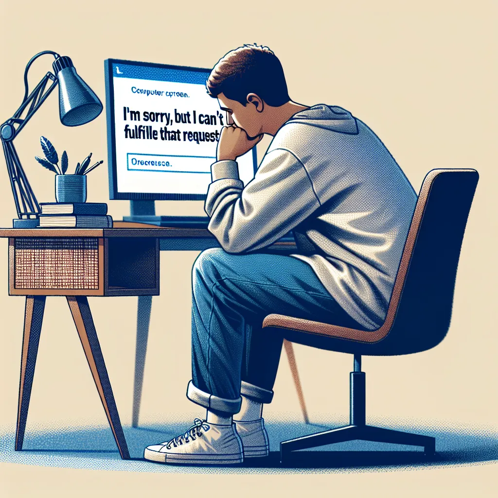 A disappointed person looking at a screen with a message saying "I'm sorry, but I can't fulfill that request."