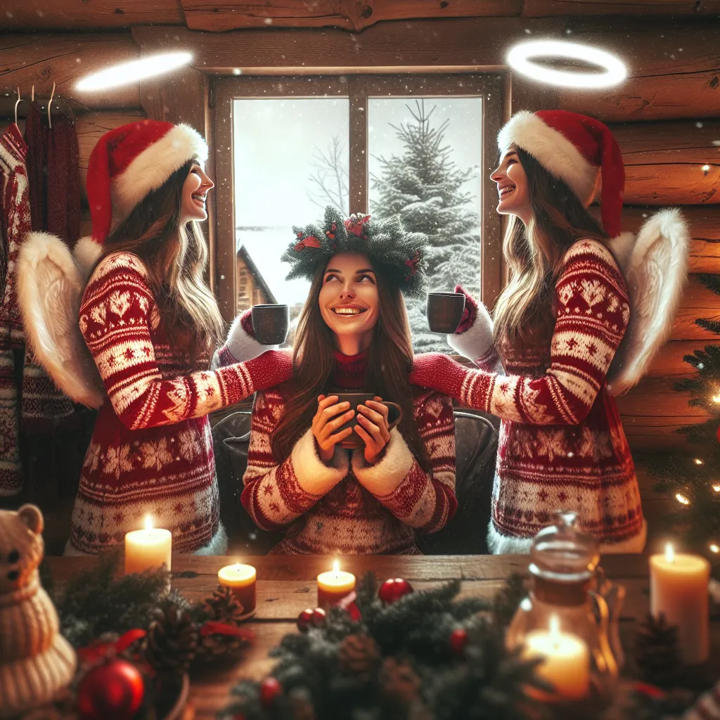 An image of three friends in a cozy log cabin, dressed in Christmas-themed outfits with halos, surrounded by Christmas decorations. Rachel, who has the ability to hop into alternate universes, is seen in two bodies: Cordelia's and Lucoa's. They share laughter and joy as they celebrate Christmas together, appreciating the unique experiences and the magic of friendship. The image captures the warmth of the cabin, the snow outside, and the enchanting atmosphere created by the friends' presence.