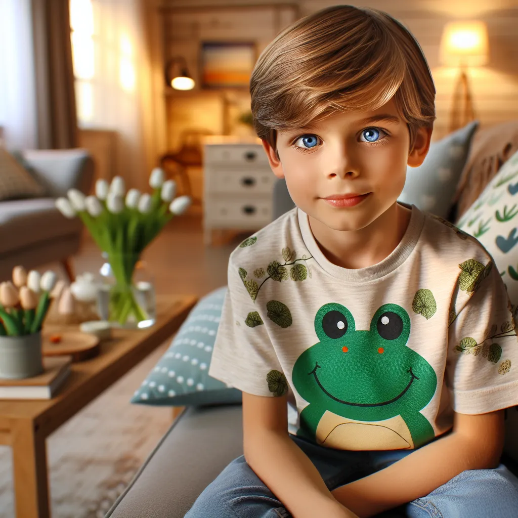 The image will feature a young boy, Daniel, with blue eyes and a charming frog T-shirt, sitting on a grey couch in a warm living room. He is surrounded by gentle, familiar decorations, like a pillow with tulips, and the scene captures the serene transition from afternoon to evening.