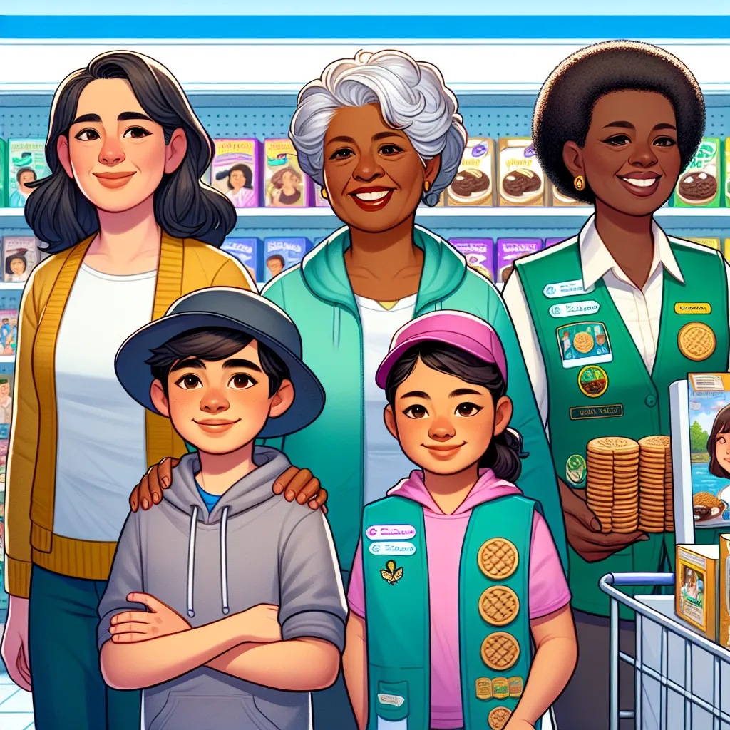Generations of a family are depicted in this image. A young boy named Jack, accompanied by his mother Susan, encounters a girl scout selling cookies at a stand. The image shows Jack, Susan, the girl scout Sasha, and Sasha's mother Tawni. They are seen in a store aisle, with colorful products in the background. The characters are depicted with their respective physical features, hairstyles, and clothing as described in the story.