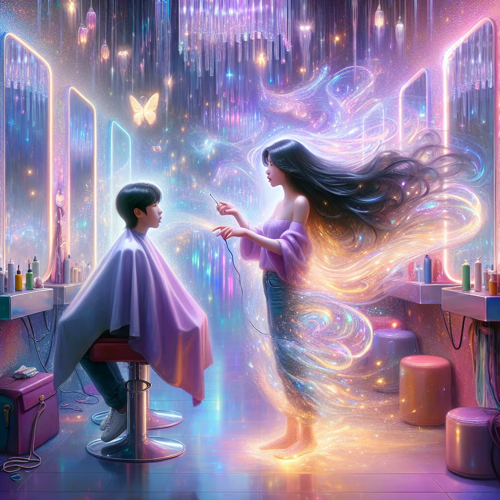 A young boy named Henry magically transforms into a teenage girl in a dream, navigating through a dazzling hair salon while changing appearances and speaking Korean. The dream world becomes her reality, erasing all memories of her previous identity as Henry, leaving her lost in constant reinvention and endless transformations.