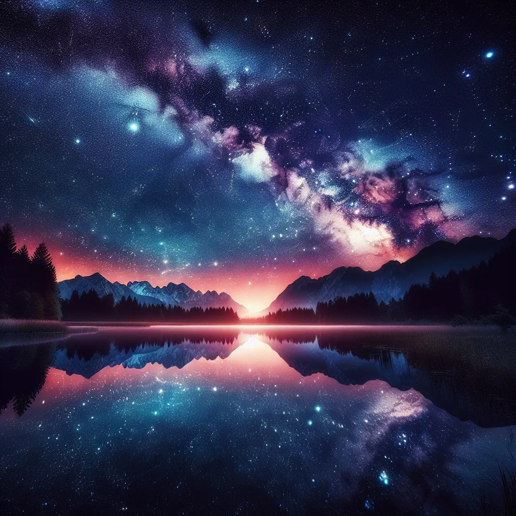 A mesmerizing, starry night sky above a serene lake, reflecting the beauty of the cosmos.
