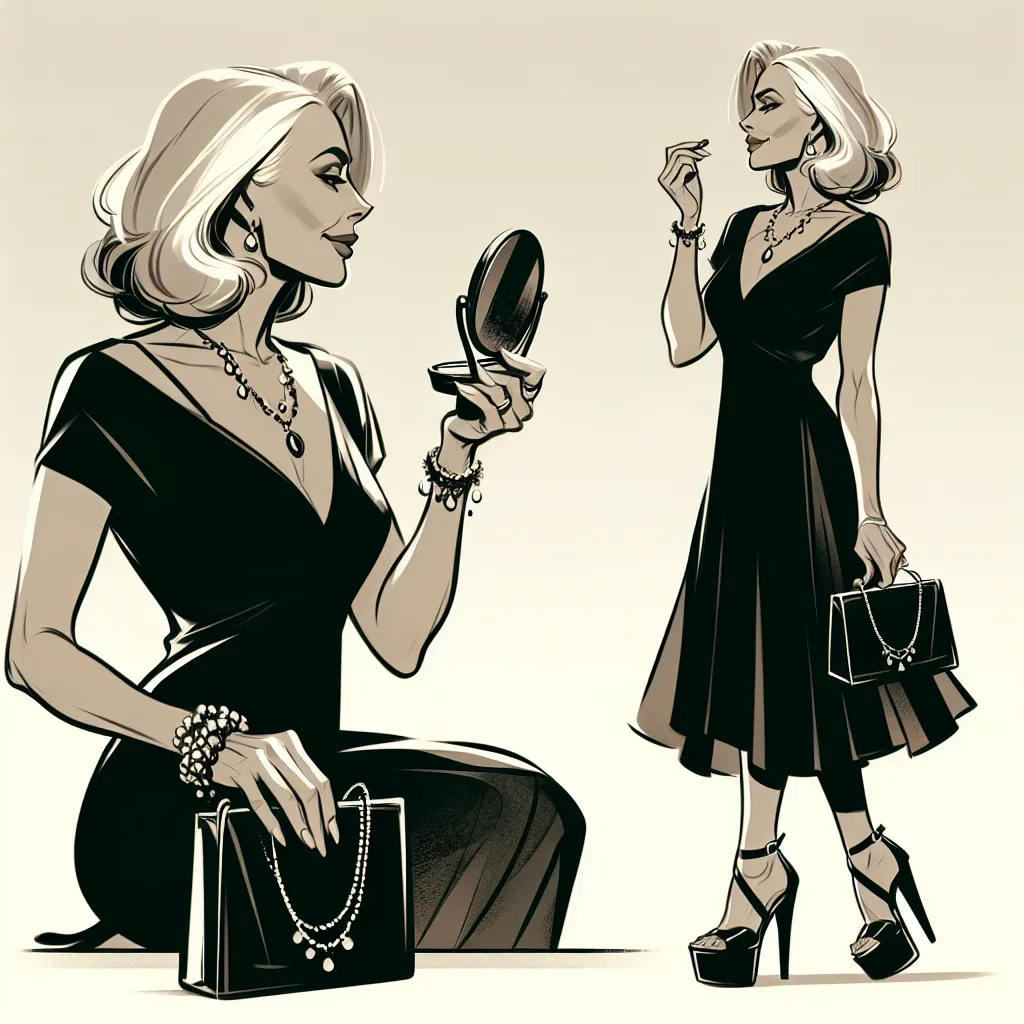 An image showing a confident middle-aged woman getting ready for a birthday dinner. She is wearing an elegant black dress, towering platform sandals, and a variety of delicate jewelry. She holds a small black clutch and checks her appearance in a mirror. The image gives a sense of anticipation and self-assurance.