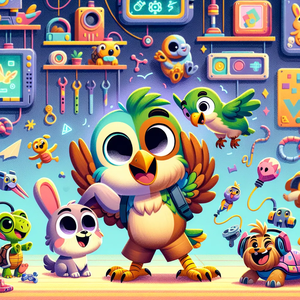 An animated scene showing Edie Von Keet and Roxie from Littlest Pet Shop cheerfully swapping bodies in Manny’s colorful, gadget-filled workshop; Edie looks amazed with puppy paws and a fluffy tail, while Roxie flutters awkwardly with wings, surrounded by amused friends Trip, Bev, Jade, and Quincy, capturing the playful chaos and friendship of their body-swap adventure.
