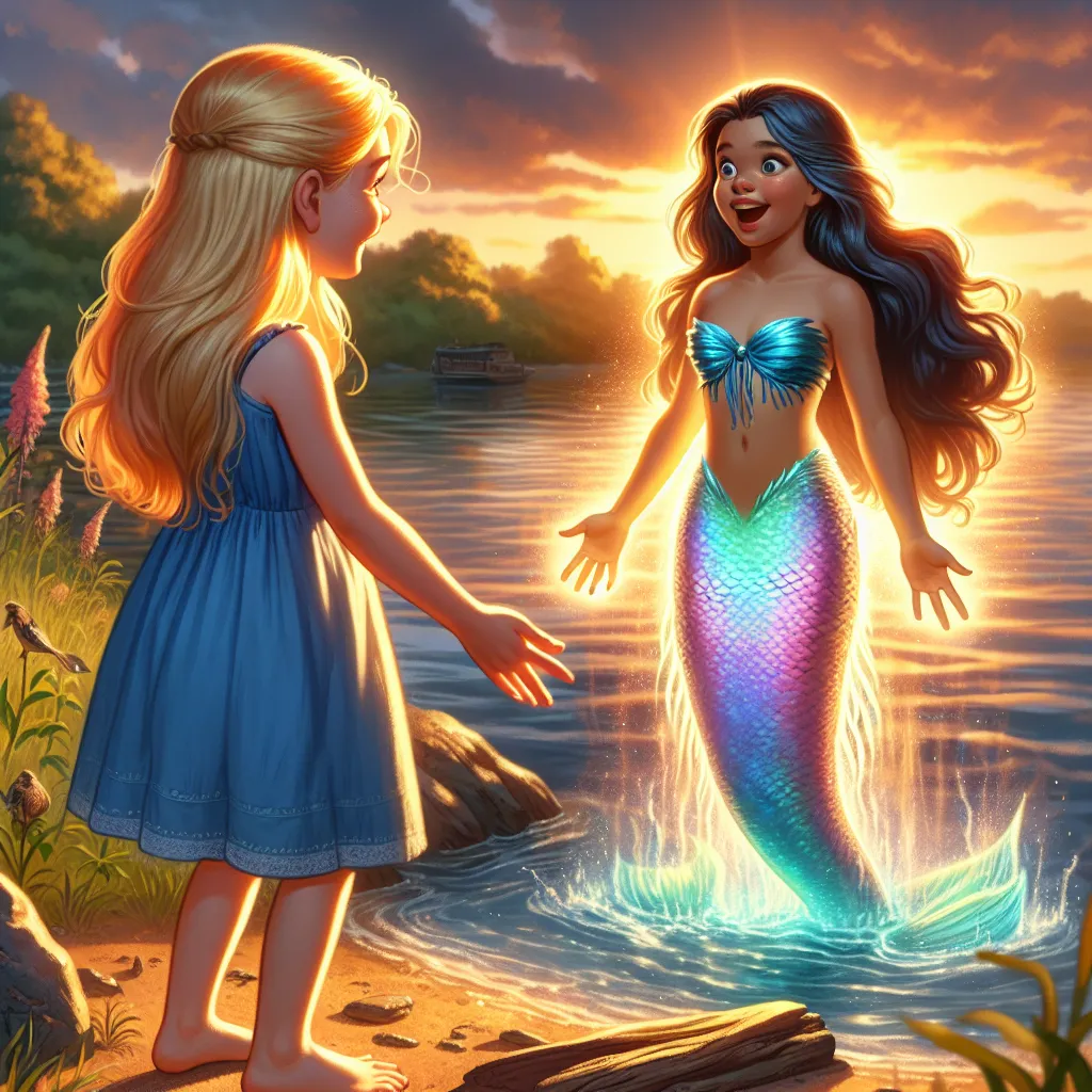 Image description: The image depicts two young girls standing at the water's edge. One girl, Tessa, has golden hair and is wearing a blue sundress, while the other girl, Ondine, has long, flowing hair and a shimmering mermaid tail. The sun is setting in the background, casting a warm glow over the scene. The girls are holding hands, their expressions filled with wonder and anticipation as they prepare to cast a spell that will allow them to switch places - Tessa becoming a mermaid and Ondine wal