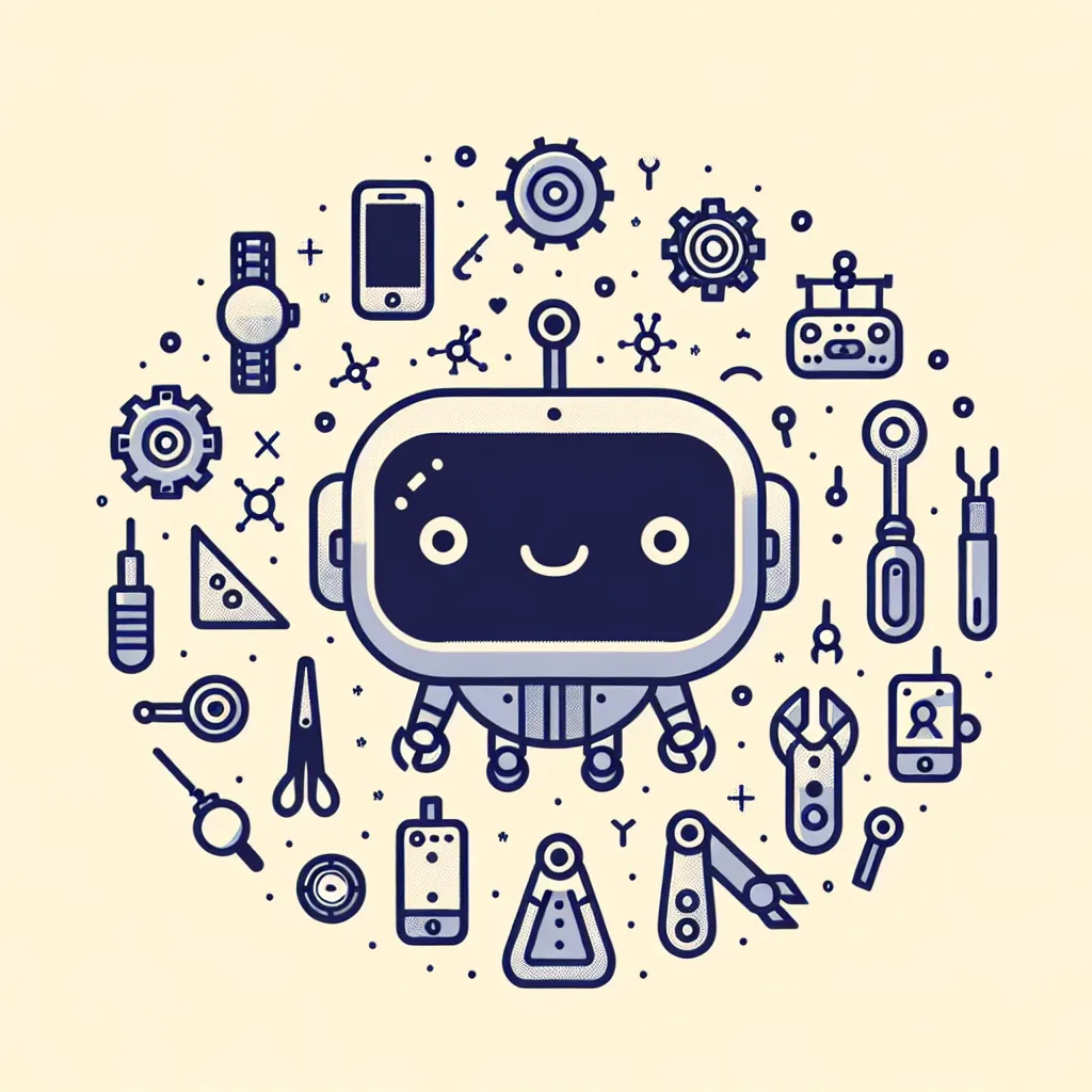 A simple illustration featuring a friendly robotic character surrounded by various futuristic gadgets and tools.