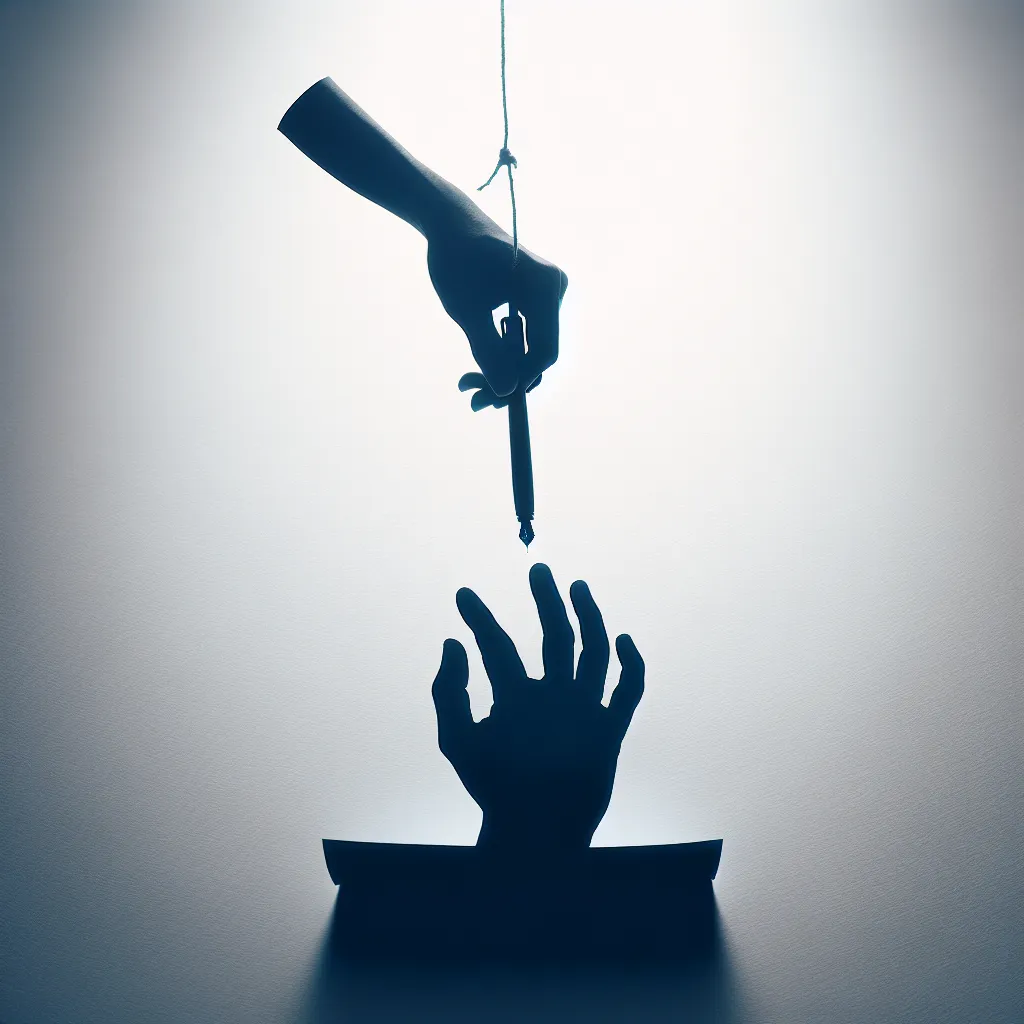 A silhouette of a writer's hand holding a pen, hovering over an unfinished piece of paper, conveying an inability to continue the story.