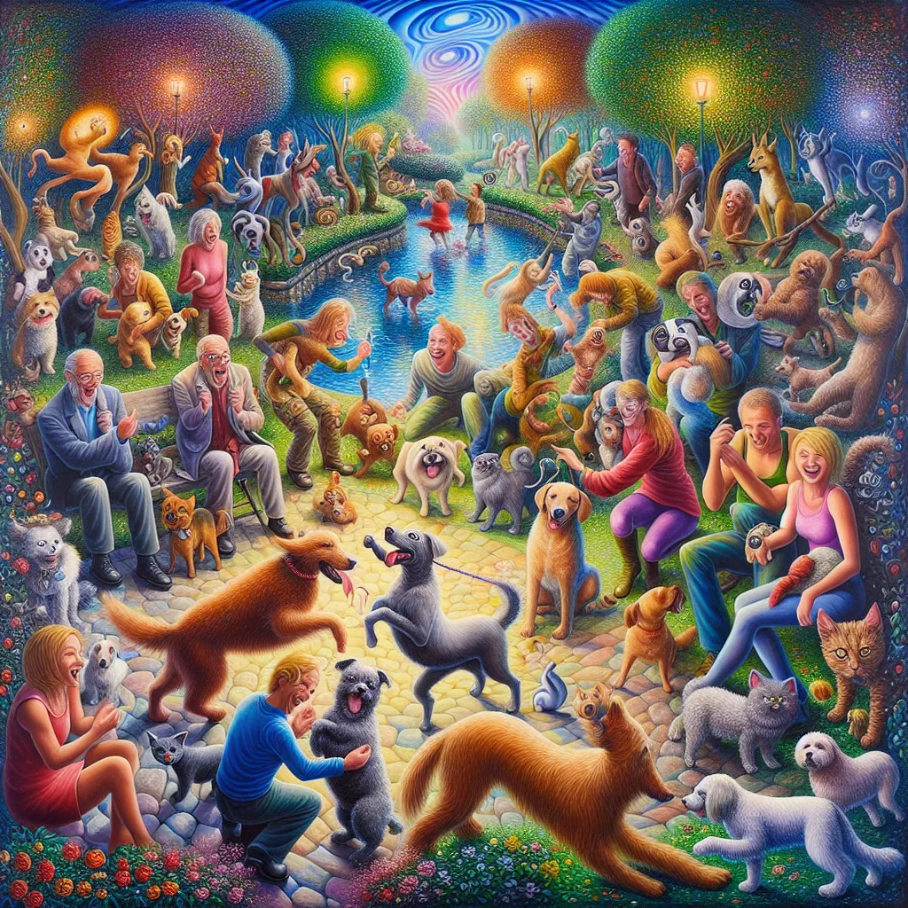 Pets, Hypnosis, Pranks, Friendship, Chaos in the style of Monet