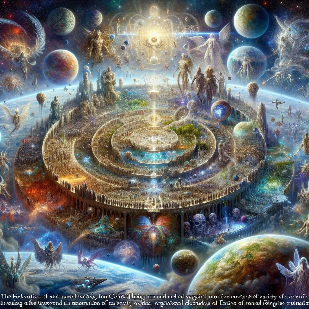 An image of a vast, cosmic landscape with diverse and advanced mortal species thriving across the stars, united in the Federation of Advanced Mortal Worlds. Angels and demons clash in epic battles, while Earth awakens to its place among the advanced civilizations, leading to a monumental decision to join the Federation and abandon organized religion for technological uplift and cosmic exploration. The image captures the cosmic balance shifting as Earth transitions from a pawn to a prominent play