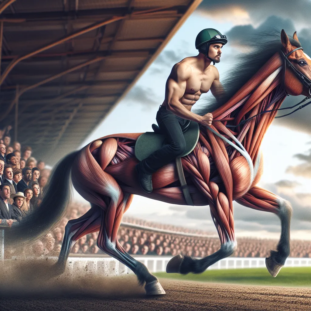 An image of a man in the midst of transforming into a horse, with his body contorting and shifting, accompanied by a determined jockey on his back. The race track is visible in the background, with a crowd of spectators watching in awe.