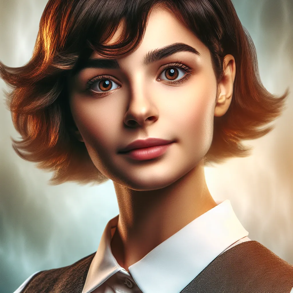 A close-up of Rosie O'Donnell, who has undergone a mysterious transformation from a young boy named Charlie. Rosie, with her dark brown hair, warm brown eyes, and a confident expression, stands against an ethereal background. The image captures Rosie's confusion and vulnerability as she tries to come to terms with her new identity.