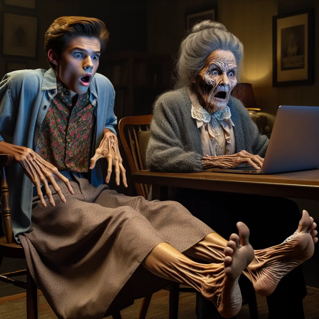 A young boy, Jacob, takes a quiz online and is mysteriously transformed into an elderly woman named Mrs. Geraldine Riggs. This image will capture the moment of transformation, showing Jacob's feet and legs aging rapidly, his face contorting into an elderly woman's features, and his body transitioning into Mrs. Riggs' conservative attire. The scene will convey the shock and confusion of this supernatural event.