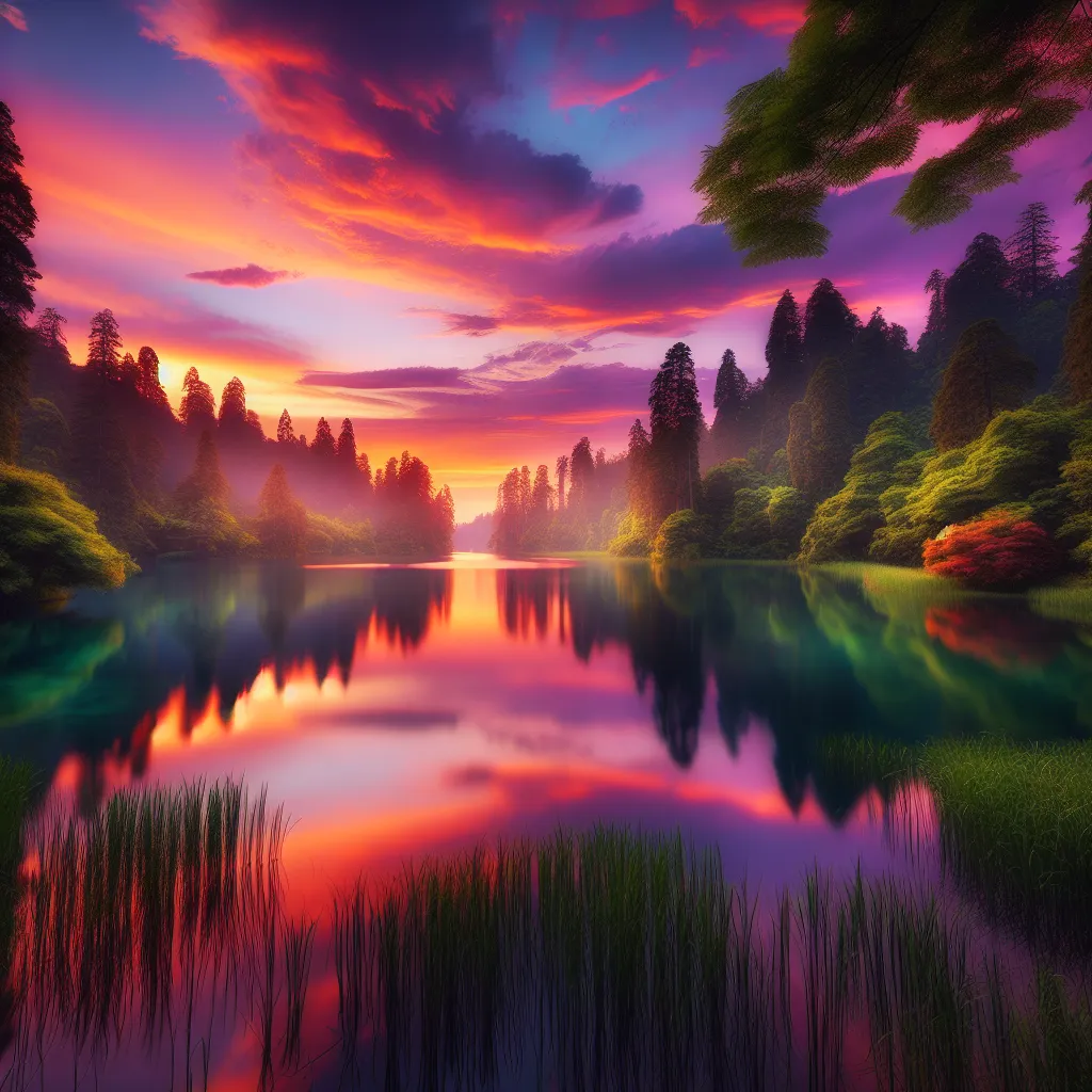 A serene landscape with a beautiful lake reflecting the vibrant colors of a sunset sky.