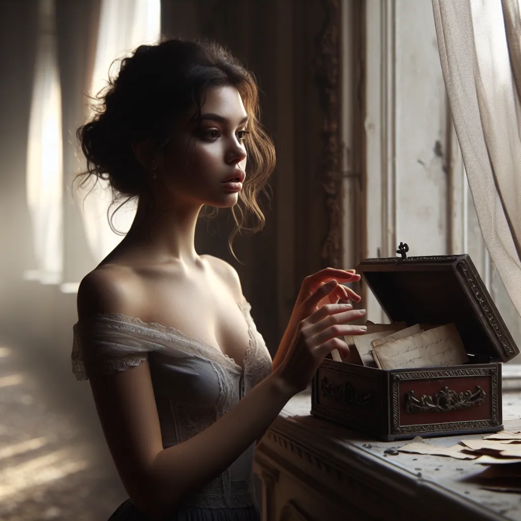 A young woman stands in an empty room, her gaze fixed on the open window as sheer curtains flutter in the breeze. The room is filled with dust and memories, and the woman tentatively reaches out to explore the forgotten space. She discovers an ornate box on a mantlepiece, containing a collection of old letters tied with a faded blue ribbon. Curiosity engulfs her as she reads the letters, feeling a deep connection to the love story they unveil. Hours pass, and as the sun sets, she leaves with a s