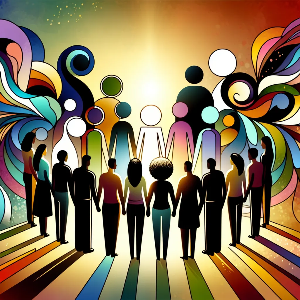 "An abstract representation of a diverse group of people facing a challenge together, standing united."