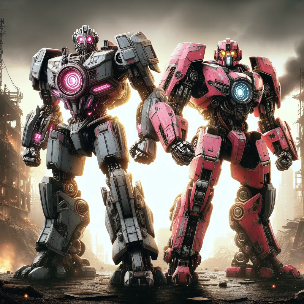 An image of two towering cybertrons, Dynamo and Torpedo Blast, standing side by side on a desolate war-torn battlefield. Dynamo, a pink-and-gray cybertron, and Torpedo Blast, a red-and-black cybertron, have bodies made of polished metal with intricate details, glowing eyes, and powerful stances. They radiate strength and determination as they prepare to join their fellow Autobots in the fight against the Decepticons. The background is filled with crumbling buildings and billowing smoke, emphasiz