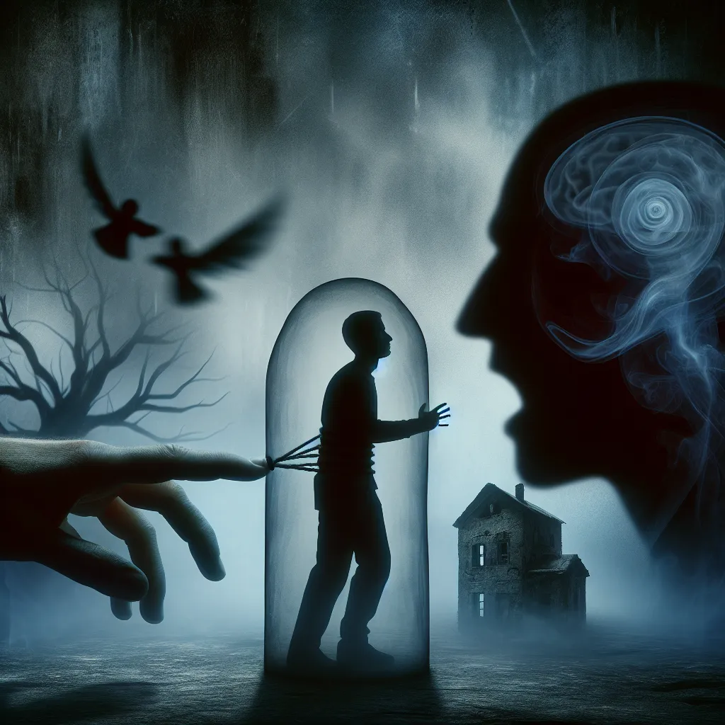 A haunting image of a person trapped in someone else's body, struggling against forced identity and mind control, set in a mysterious and eerie environment.