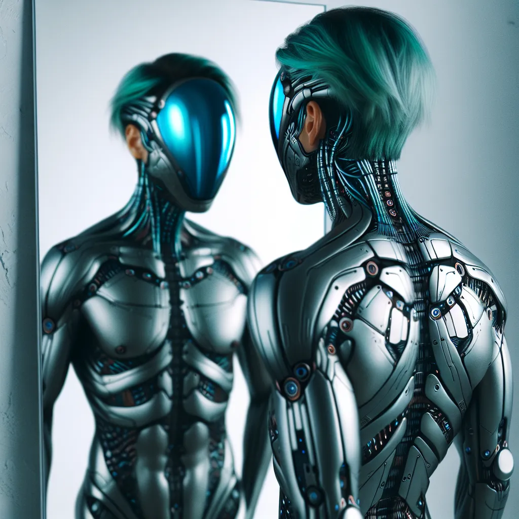 A person named Ava stands before a mirror, their body transformed by the Nanonanites Device. Their upper face is adorned with a sleek cyan visor, while their hair has turned metallic cyan. Their torso, arms, and legs are covered with interlocked metallic plating, seamlessly integrated with their human skin. The image showcases the eerie yet beautiful amalgamation of human and machine, capturing the moment when Ava becomes their OC, a character they previously created.