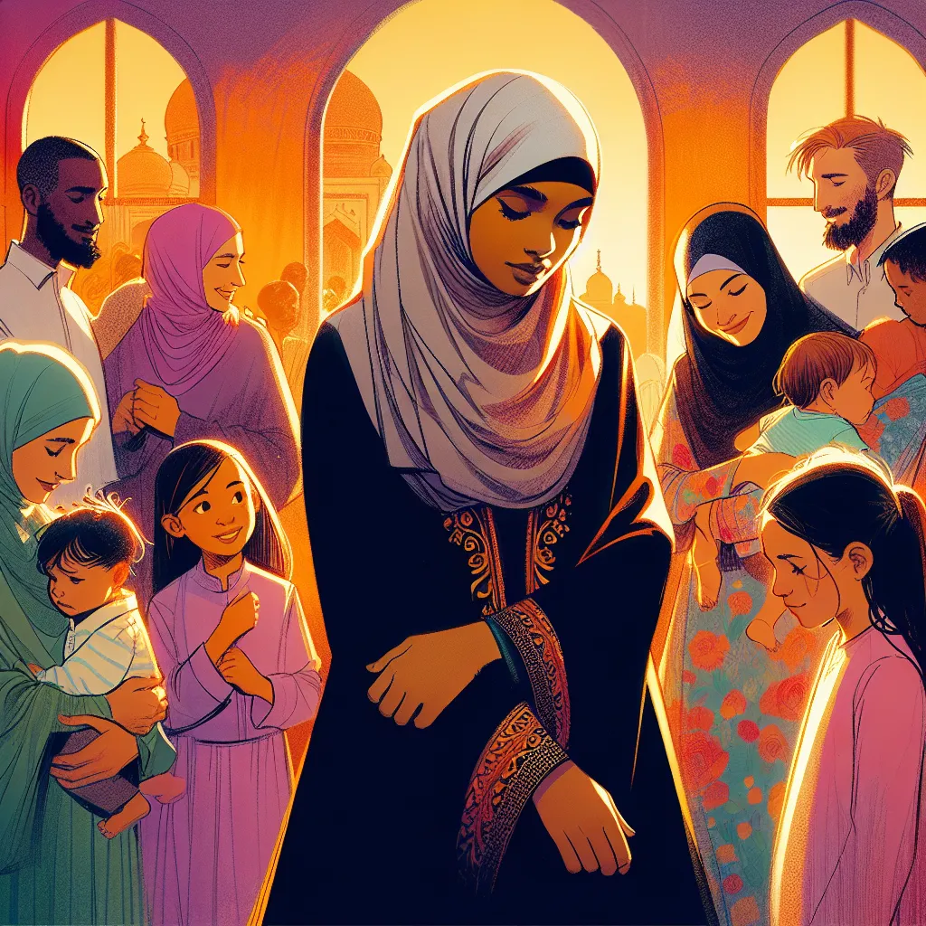 A transformative story intertwining the lives of Caleb, a little boy, and Zainab, a mother, in a surreal turn of events at a supermarket. Caleb finds himself trapped in Zainab's body, navigating a new life filled with love, longing, and resilience. The image captures Zainab, draped in an elegant abaya and niqab, navigating the complexities of her merged existence, surrounded by the love of her diverse and vibrant family.