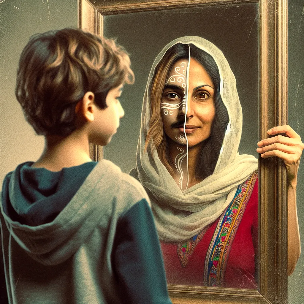 A dramatic image depicting a mirror reflecting the swapped reflections of a mother and son, symbolizing the sudden switch of their identities and the challenges they face as they navigate their new reality together.