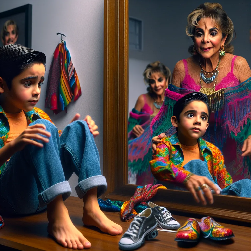 The image accompanying this story could feature a young 7-year-old boy named Tommy, who in a surprising and magical turn of events, undergoes a gradual transformation into a vibrant 56-year-old Hispanic mother named Yolanda. The image captures Tommy's bewildered expression as he transforms, with details such as his feet morphing in size and appearance, his features changing into Yolanda's, and his outfit evolving to match her colorful style. The scene could depict Tommy/Yolanda staring in shock 